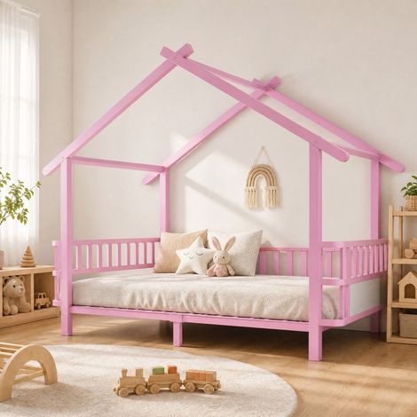 Lit cabane enfant 90x200 cm, barrières de sécurité, rose, métal, sans matelas FloraGrace (1/5)
