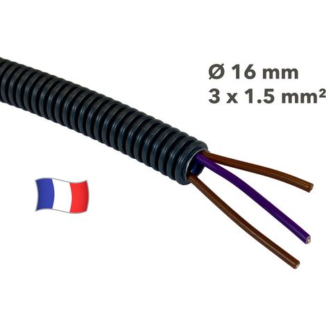 Gaine électrique préfilée 10 mètres diam 16 avec 3 fils Violet, Marron, Marron 1.5 mm² - PREFA ELEC (1/2)