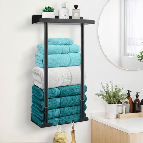 1 Porte-Serviette Mural Réglable 38-75cm Avec Étagère Et 3 Crochets Auto-Adhésif Pour Salle De Bains (1/5)