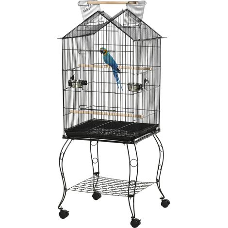 Cage à oiseaux avec support, roulettes, plateau amovible et mangeoires pour canaris et perruches, 50 x 58 x 137-145 cm, noire (1/5)