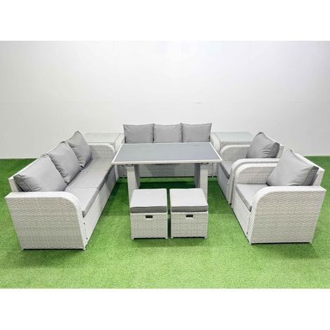 Fimous 10 Seater Wicker PE Rattan Furniture Outdoor Dining Table 3 Seater Sofa Reclining Chair Set with 2 Side Tables 2 Small Stools Light Grey (1/4)