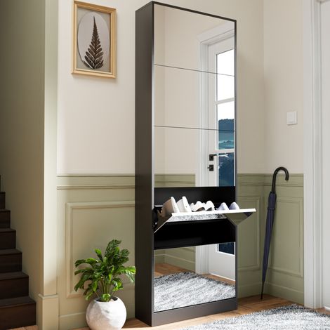MODFU – Scarpiera 185 cm con porta a specchio, ultra-sottile in MDF, salvaspazio per ingresso – Nero (1/5)