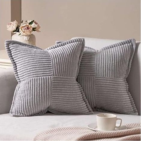 Lot de 2 coussins de canapé couleur velours côtelé, coussins de canapé décoratifs, 45x45 m, gris