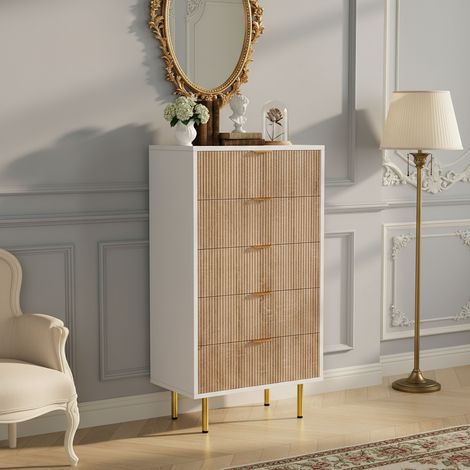 Commode à cinq tiroirs, avec cinq tiroirs finition rayée, Poignée dorée et Jambes dorées, L60 x l34 x H109 cm - couleur bois naturel (1/5)