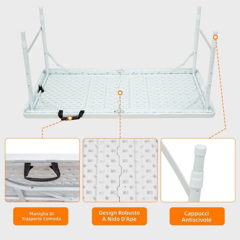 Tavolo pieghevole portatile 125 cm con maniglia, altezza regolabile per interni ed esterni, resistenza 135 kg, colore bianco, ideale per campeggio picnic e feste (1/5)