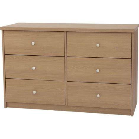 6 Drawer (3+3) Wide Chest of Drawers - Metal - L41.5 x W107 x H67.5 cm - Smoke Oak Effect - Flat Packed