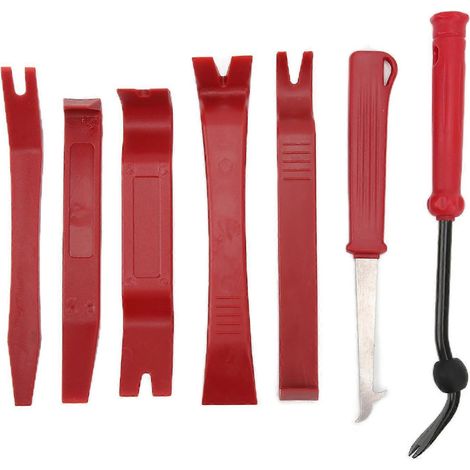 Kit de démontage de garnitures intérieures (7 pièces) : outil de démontage, levier pour autoradio, portière, tableau de bord, panneau central. (1/4)