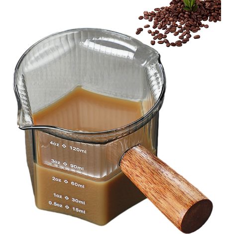 Tasses à expresso avec manche en bois, verre doseur gradué, verre à expresso à bec en V, accessoires pour expresso en verre transparent, pichet à lait 120 ml