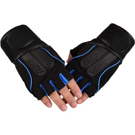 Gants de fitness respirants et extensibles, antidérapants, sans doigts, avec protection des poignets, pour l'entraînement, l'haltérophilie et le cyclisme. Bleu, taille L. (1/5)
