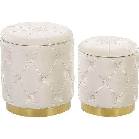 Beliani – Lot de 2 poufs coffres de rangement en velours blanc capitonné – Base en acier doré – Design glamour vintage – Dimensions 40x40 cm (1/5)