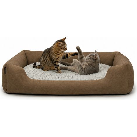 lionto Katzenbett, stilvolles Kuschelkörbchen mit tiefem Einstieg, Wendekissen & rutschfestem Boden, 110x80 cm, braun (1/5)