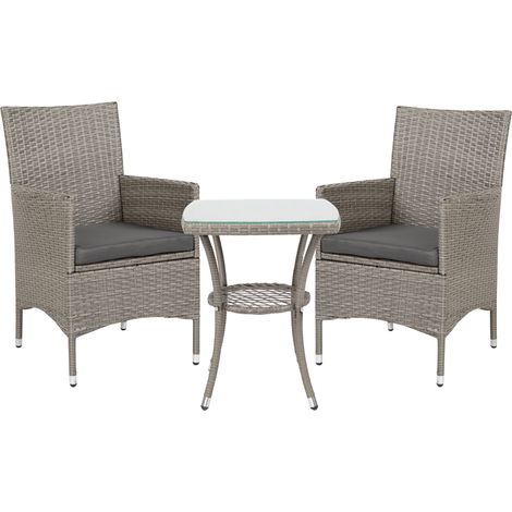 Outsunny 3 Pieces Rattan Bistro Set, Wicker Garden Furniture Set with 2-Tier Coffee Table and Chairs, Washable Cushions, for Outdoor Patio Balcony, Grey