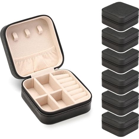 Set mit 6 Mini-Schmuckkästchen für unterwegs, Schmuck- und Ringorganizer aus Leder, Geschenkbox für Mädchen und Frauen (schwarz). (1/5)