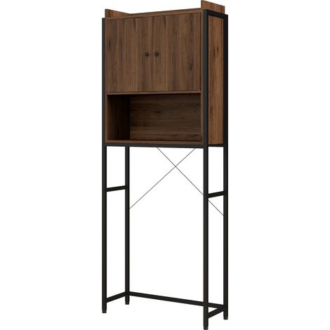 Badezimmerschrank mit Ablage, 2 Türen, Nische, 68 x 25,5 x 172,5 cm, braun/schwarz