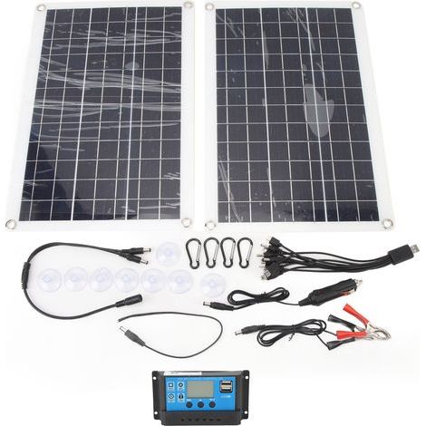 Kit d'énergie solaire 18W 18V, panneau en silicium polycristallin, sortie USB Type C DC avec câbles de contrôleur 100A pour camping-car hors réseau. (1/5)