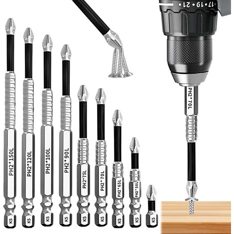 9 Pcs Alloy Steel Head Screwdriver Bits 25/50/65/70/75/90/100/120/150mm Magnetic Screwdriver Bit Non-Slip Magnetic Screwdriver Bit for Impact Drills/Screwdrivers (1/5)