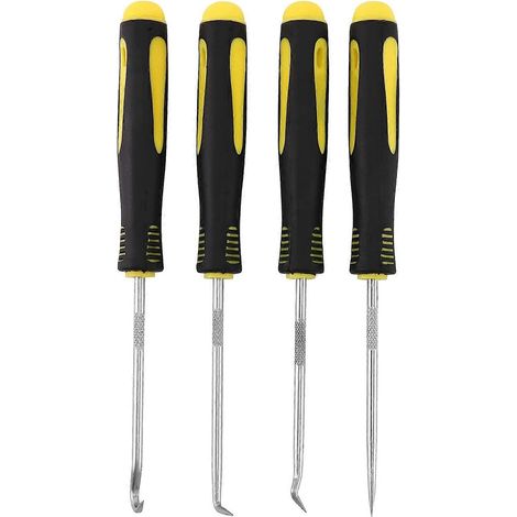 Ensemble de 4 outils de grattage et d'extraction de joints d'huile, comprenant un crochet, un tournevis et un outil manuel pour joints toriques en caoutchouc. Noir et jaune. (1/4)