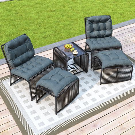 4-Sitzer Gartenmöbel aus Eisen und Polyester mit 2 Sesseln, Tisch, 2 Hockern und Kissen, Schwarz und Grau