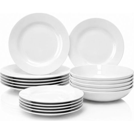 Set 18 piatti rotondi in porcellana bianca - Set per 6 persone composto da piatti fondi, piatti piani e piattini dessert (1/5)