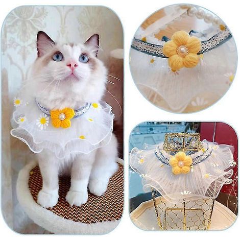 Collier ajustable à motif floral pour chat ou chien, avec nœuds en organza, bavoir en dentelle, collier et foulard, accessoires de toilettage pour chat - Taille XS (tour de cou de 15 à 20 cm) - Bleu e (1/5)