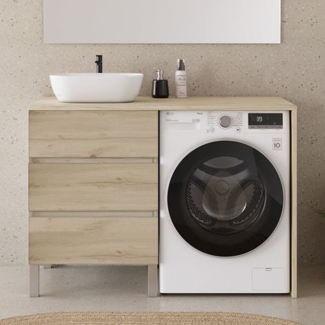 Meuble lave linge 124cm avec plateau et vasque arrondie - sans miroir - 3 tiroirs - nebraska (chêne clair) - CRUZ (1/5)