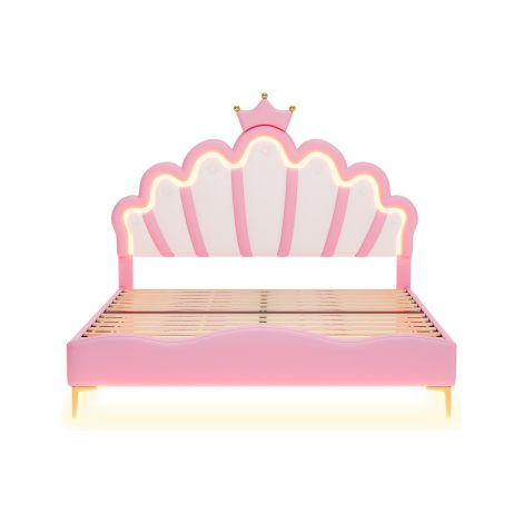 Lit enfant 140x200 rose design nuage couronne LED hauteur réglable