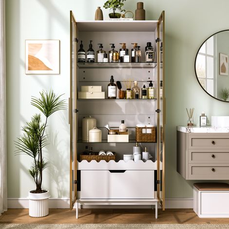 Armoire haute avec porte vitrée, étagères en verre réglables, tiroir, décor ondulé et pieds métalliques, pour salon, chambre et entrée, coloris naturel (1/5)