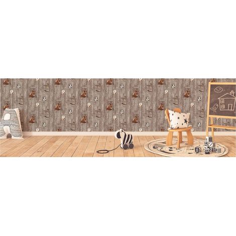 TADESSI  Tapete Kinderzimmer  M1-No.134  Vliestapete  Braun  Weiß  Tapeten in Holzoptik  Traktor  Jungenzimmer  Mädchenzimmer (1/5)