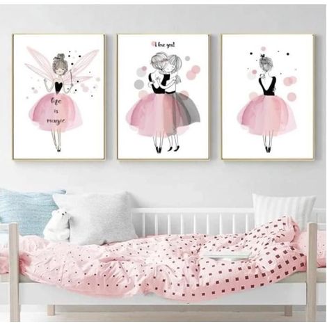 Nordic Ideas Affiche Fille Rose Deco Chambre Poster Enfant Tableau Murale Decoration sur toile 30X40CMX3 sans Cadre (1/4)