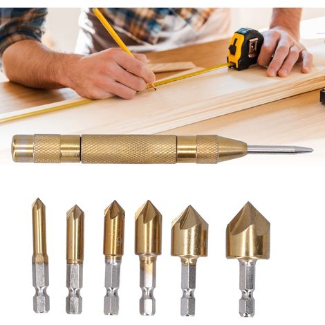 Ensemble de 7 pièces comprenant un outil de chanfreinage hexagonal à cinq lames à 90° (6-19 mm), une fraise à chanfreiner, un foret à fraiser et un alésoir pour le travail du bois. (1/5)