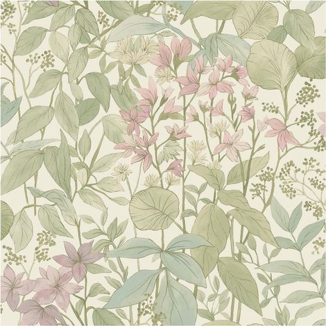 Sage Green Textured Vinyl Wallpaper Floral Botanical Leaf Trail Paste The Wall (1/4)