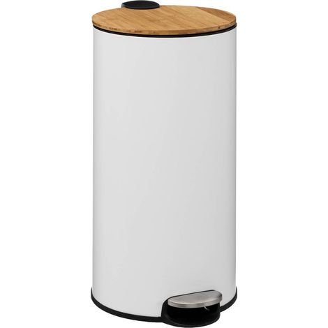 5Five Simply Smart – Poubelle de cuisine en métal blanc 30L – Couvercle en bambou – Douce fermeture – Seau amovible pour nettoyage facile – Ø 29 x H 65 cm (1/10)