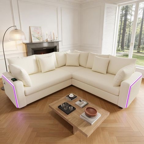Seyakany Canapé d'angle en L avec éclairage LED et ports USB,canapé 5 places rembourré,canapé modulable en L avec coussins,velours côtelé(Beige) (1/5)