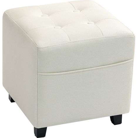 Repose-pieds salon, pouf capitonné en lin aspect tissu, assise rembourrée avec rangement latéral, 35x35x35 cm, crème (1/5)
