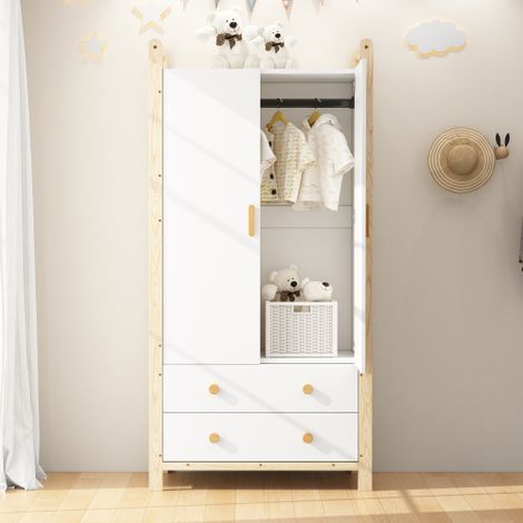 Rattankleiderschrank,2-türige Kleiderschränke, Kleiderschrank, mit Kleiderstange und Stauböden, aus MDF und lackierten Fronten, Schlafzimmerkleiderschrank