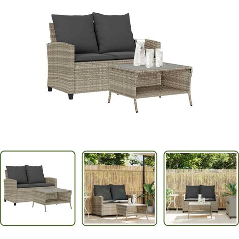 Gartenmöbel -  Gartensofa 2-Sitzer mit Kissen & Tisch Hellgrau Poly Rattan (1/5)