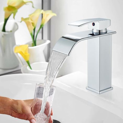 Waterfall Spout Bathroom Sink Mixer Taps,Single Handle Basin Mixer Tap,Stainless Steel faucet,Chrome (1/5)
