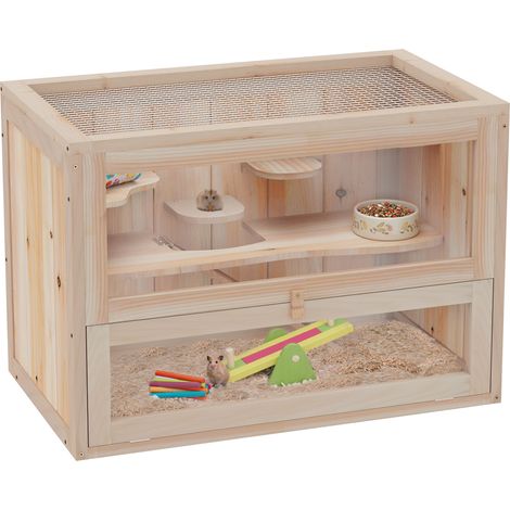Cage pour hamsters souris petits rongeurs multi-équipements rampe plateformes toit ouvrant grillagé porte bois de sapin plexiglas