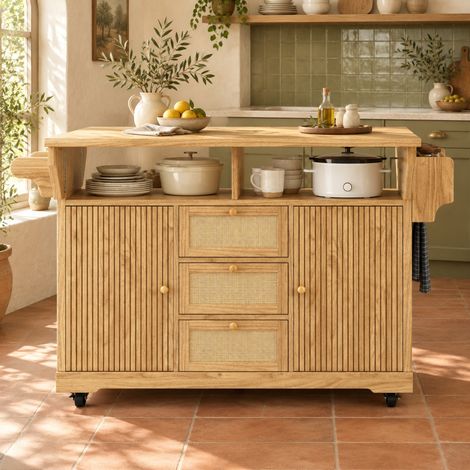 CHICFURN Carro de cocina plegable con isla central, altura ergonómica 95 cm, almacenaje en resina trenzada y MDF, para cocina, balcón y camping (1/5)