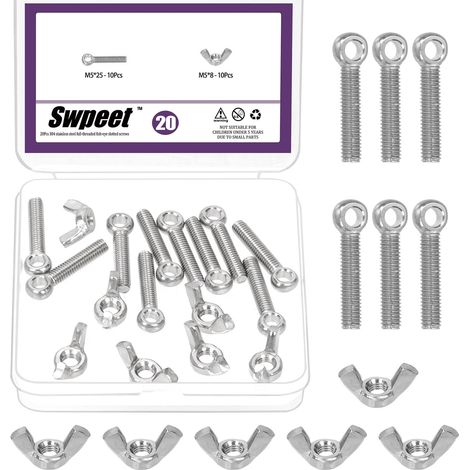 20Pcs M5 x 25mm 304 en acier inoxydable Épaule Swing Lifting Eye Boulon et M5 Kit d'assortiment d'écrous d'aile, Boulon de rigging Fisheye en fil métrique, Bouchon de dôme hexagonal (1/5)