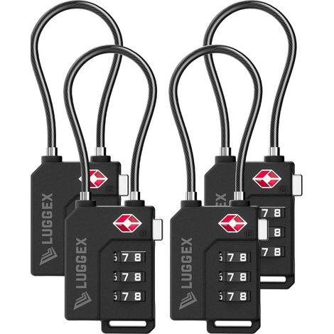 TSA Cadenas à câble, Serrure à combinaison pour bagages et sac à dos, Noir, 4 pièces