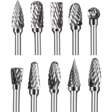 Fraises sur tige en Carbure de Tungstène à Double Coupe, 10 pièces Kit de fraises rotatives de 1/8” Tête d'affûtage de 6 mm pour Sculpture sur bois, Polissage métaux, Gravure, Perçage (1/5)