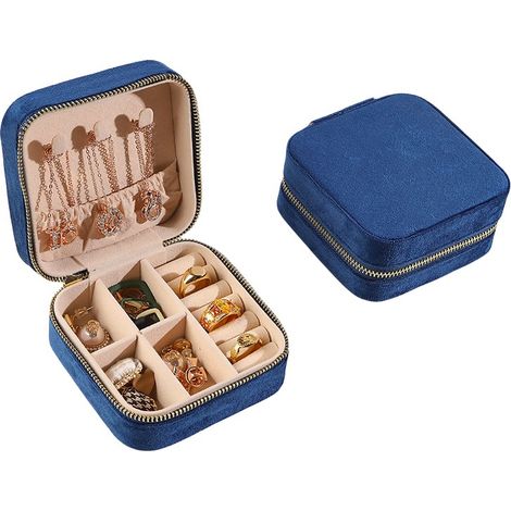 Boîte à bijoux en velours bleu foncé, étui de voyage portable à plusieurs compartiments, 10 x 10 x 5 cm (1/5)