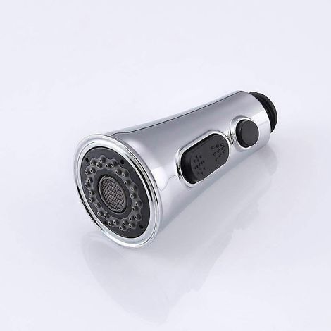 Accessoires pour robinet de lavabo de cuisine : douchette à tirette, interrupteur à bouton-poussoir avec fonction de suspension et bec de douche économique.