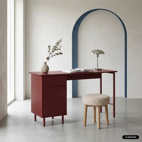 sweeek - Bureau décor bois et métal 1 tiroir 1 porte bordeaux - Ellie (1/5)
