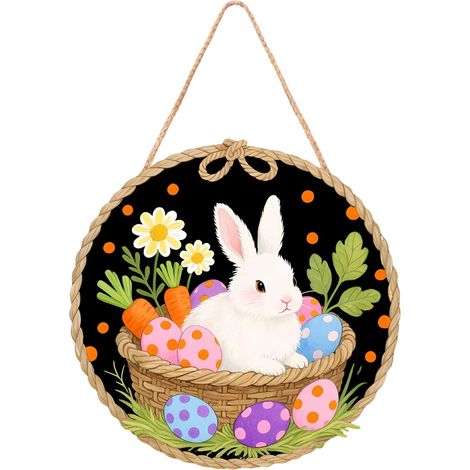 Panneau De Porte En Bois - Décoration Murale Rond Pour Pâques - Lapin Et Œufs Colorés - 30 Cm - Intérieur (1/5)