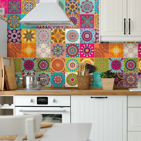 60 Stickers adhésifs carrelages Sticker Autocollant Carreaux de ciment Mosaïque carrelage mural salle de bain et cuisine Carreaux de ciment adhésif mural azulejos 15 x 15 cm 60 pièces (1/5)