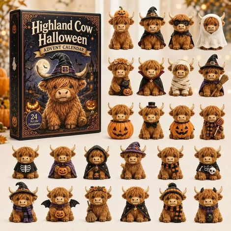 Adventskalender mit Hochlandrindern für Halloween 2026 – 24-teilig – braun-mehrfarbig – Acryl – 2D – 5 cm – niedliche Hochlandrinderfiguren – Halloween-Countdown-Kalender – Dekoration – ideal für Hall (1/5)