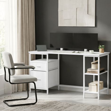 Vasagle – Bureau droit blanc 140 x 60 x 76 cm – 3 étagères dont 1 amovible – 2 tiroirs – Panneaux d’aggloméré et acier robuste (1/5)
