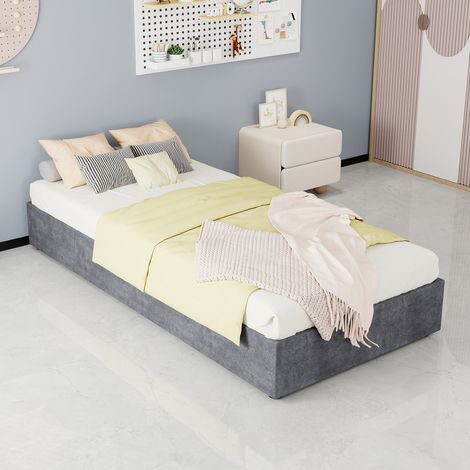 Bett modern 90x200 cm grau, gepolstert, mit Stauraum und Gaslift, Cartoon-Kopfteil (1/5)